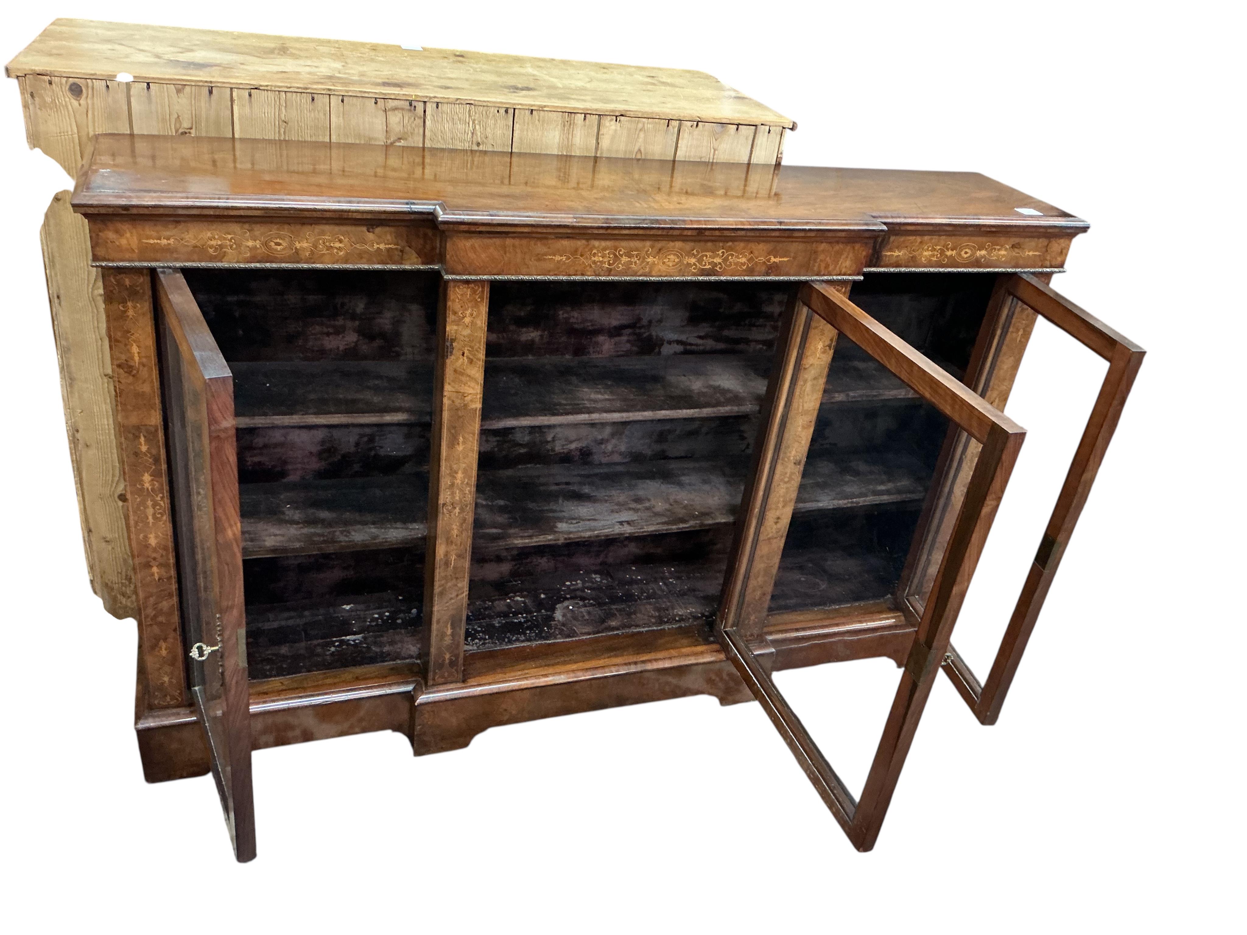 A Victorian gilt metal mounted inlaid walnut breakfront side cabinet, width 164cm, depth 36cm, height 104cm